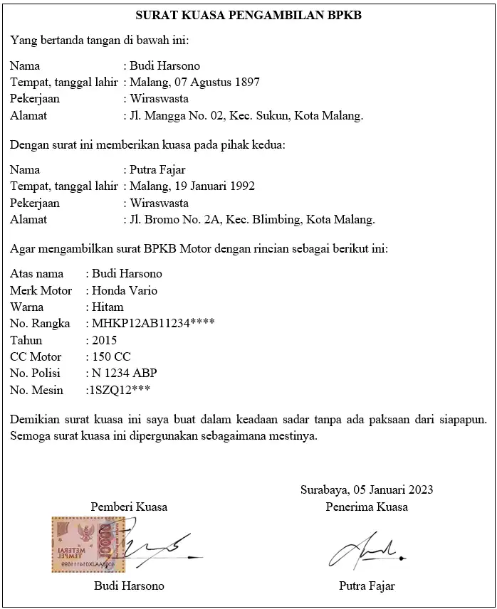 Lengkap, Contoh Surat Kuasa Pengambilan BPKB di Samsat, Leasing dan Bank